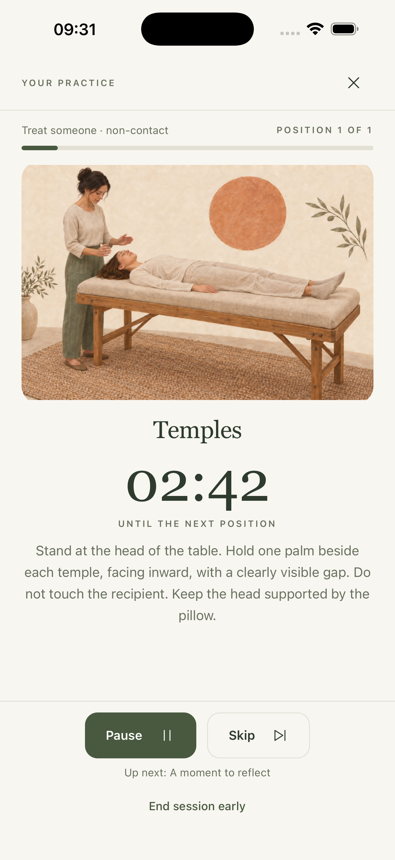 Reiki Companion session: non-contact temple position, illustrated placement guidance, countdown timer and pause controls.